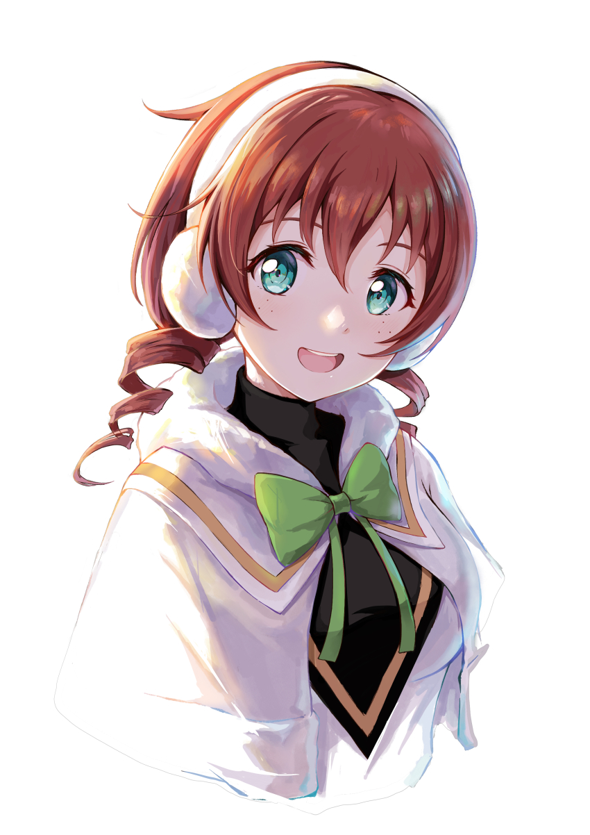 1girl absurdres breasts brown_hair colorful_dreams!_colorful_smiles!_(love_live!) commentary drill_hair earmuffs emma_verde freckles green_eyes highres looking_at_viewer love_live! love_live!_nijigasaki_high_school_idol_club medium_breasts medium_hair setsu_(qjsj1993aa) sidelocks smile twin_drills upper_body white_background