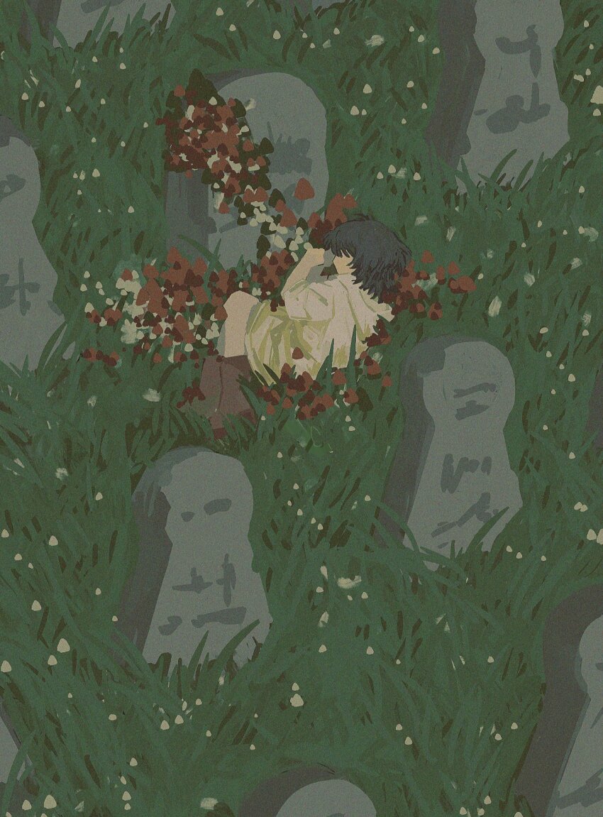 1other ambiguous_gender black_hair boots brown_boots cyberseaurchin flower grass graveyard green_theme highres hood hoodie lying on_side original other_focus red_flower solo tombstone yellow_hoodie