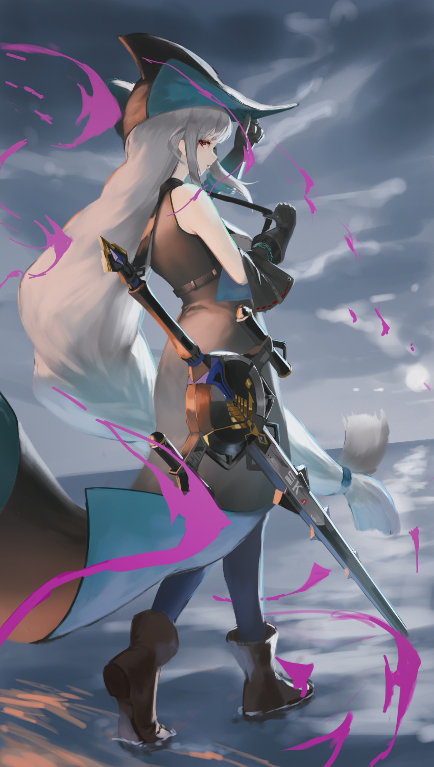 1girl absurdres angelfish aqua_gloves aqua_hat arknights bare_shoulders black_gloves black_hat breasts cloud cloudy_sky day dress dutch_angle elbow_gloves fish from_behind full_body gloves hat highres holding holding_unworn_clothes holding_unworn_hat long_hair looking_at_viewer looking_to_the_side low-tied_long_hair medium_breasts outdoors parted_lips pointy_hat red_eyes shigma skadi_(arknights) sky solo strap sword tropical_fish unworn_hat unworn_headwear very_long_hair wading walking weapon white_hair