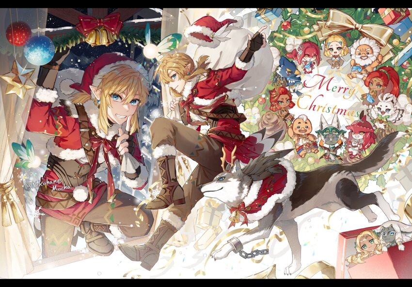 1girl ancestor_and_descendant blonde_hair blue_eyes boots christmas daruk earrings fur_trim gloves hat highres jewelry link mineru_(zelda) mipha nekohanemocha nintendo pointy_ears princess_zelda revali riju santa_hat sidelocks sidon smile the_legend_of_zelda the_legend_of_zelda:_breath_of_the_wild the_legend_of_zelda:_tears_of_the_kingdom tulin_(zelda) urbosa wolf_link yunobo