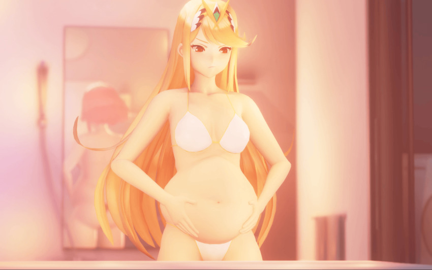 1girl 3d animated animated_gif big_belly bikini blonde_hair bouncing_breasts breast_expansion breasts female_focus highres huge_breasts long_hair medium_breasts mythra_(xenoblade) n-nurico navel orange_eyes pyra_(xenoblade) red_hair short_hair solo swimsuit weight_loss what xenoblade_chronicles_(series) xenoblade_chronicles_2
