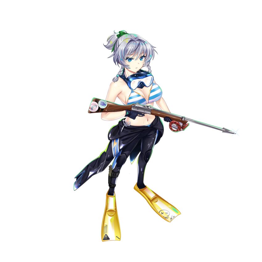 1girl alternate_costume alternate_hairstyle animal_print bikini black_gloves black_wetsuit blue_bikini blue_eyes blue_sky bodysuit bodysuit_around_waist bow braid breasts character_print cleavage diving_suit fish_print flippers full_body game_cg gloves goggles goggles_around_neck grey_hair hairstyle_request harpoon harpoon_gun highres izayoi_sakuya izayoi_sakuya_(perfect_and_elegant_beach_hunter) knife large_breasts lightning_bolt_symbol martini-henry navel official_art remilia_scarlet rotte_(1109) simple_background sky solo striped_bikini striped_clothes swimsuit third-party_source touhou touhou_lostword twin_braids wetsuit white_background white_bikini