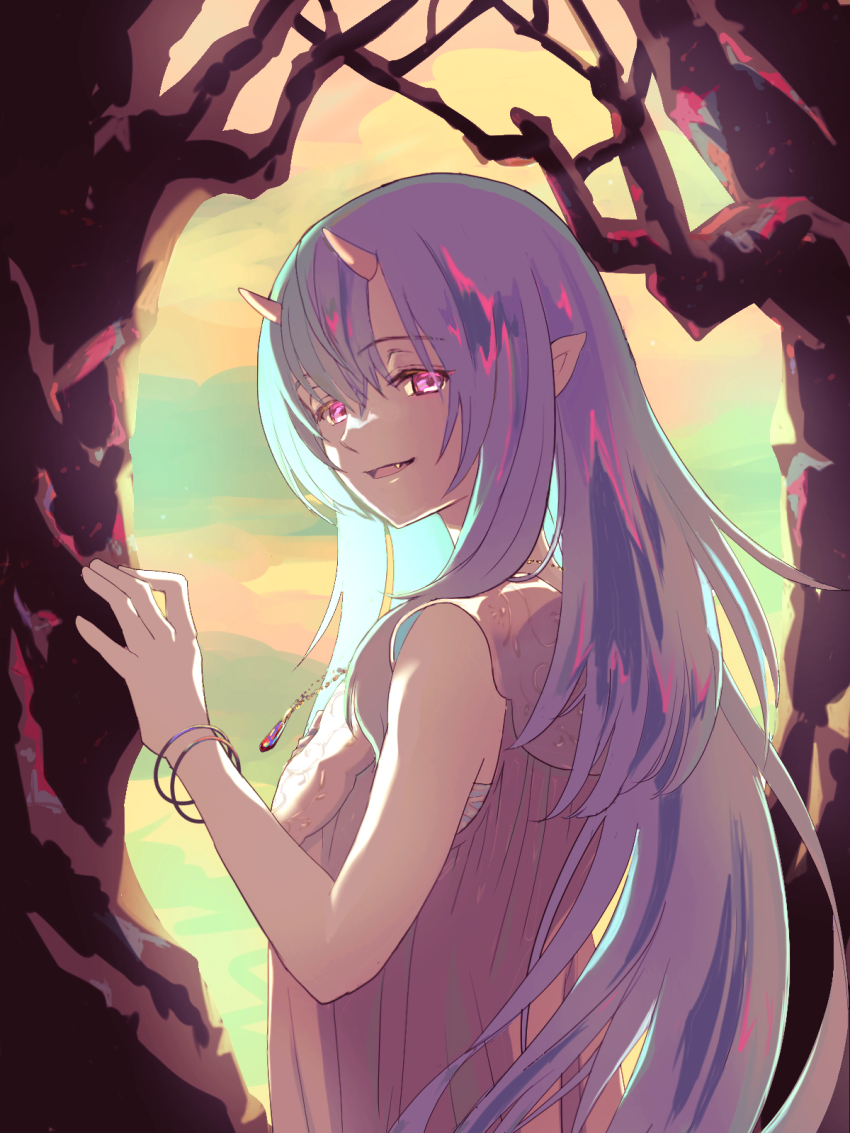 1girl bracelet demon_girl demon_horns dress fang from_behind gem highres horns jewelry long_hair looking_at_viewer looking_back necklace open_mouth osanpo1234 pink_dress pointy_ears purple_eyes purple_hair smile solitar_(sousou_no_frieren) solo sousou_no_frieren tree upper_body