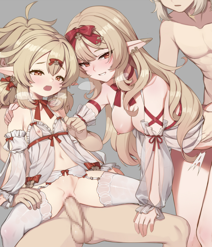 2boys 2girls aether_(genshin_impact) albedo_(genshin_impact) alice_(genshin_impact) babydoll breasts censored commentary_request flat_chest garter_belt genshin_impact group_sex hetero highres incest klee_(genshin_impact) large_breasts loli mosaic_censoring mother_and_daughter multiple_boys multiple_girls nipples orgy penis pointy_ears sex sex_from_behind tama_(tamatamo) thighhighs vaginal