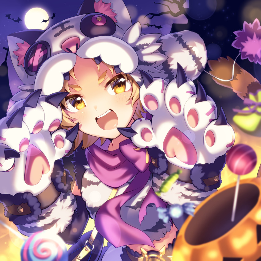 1girl absurdres animal_hands animal_hat bad_id bad_pixiv_id bare_tree bat_(animal) blonde_hair blush candy cat_paws cat_tail claws commentary dark detached_sleeves dutch_angle food full_moon halloween halloween_costume hat highres ichiren_namiro jack-o&#039;-lantern lollipop looking_at_viewer matsuri_(halloween)_(princess_connect!) matsuri_(princess_connect!) midriff moon moonlight night open_mouth paw_pose princess_connect! short_hair solo tail thick_eyebrows tree yellow_eyes