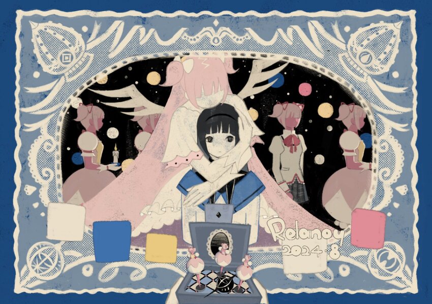 6+girls abstract absurdly_long_hair akemi_homura arms_around_neck black_capelet black_eyes black_hair black_hairband black_skirt blue_border blue_capelet border bow bowtie bubble_skirt candle capelet chin_rest clone closed_mouth collared_capelet collared_shirt colored_skin dated dress energy_wings expressionless faceless faceless_female fire frilled_dress frilled_shirt frilled_skirt frilled_sleeves frills from_side gloves gown grief_seed hair_bow hair_ribbon hairband head_on_head head_rest high_collar highres holding holding_candle hug hug_from_behind juliet_sleeves kaname_madoka long_dress long_hair long_sleeves magical_girl mahou_shoujo_madoka_magica mahou_shoujo_madoka_magica_(anime) miniskirt mitakihara_school_uniform multiple_girls multiple_persona music_box picture_frame pink_dress pink_hair pink_skin plaid_clothes plaid_skirt pleated_skirt pleated_sleeves pocket puffy_short_sleeves puffy_sleeves red_bow red_bowtie red_ribbon relanoy ribbon school_uniform shirt short_dress short_hair short_sleeves short_twintails signature skirt skirt_under_dress soul_gem straight-on straight_hair twintails two-tone_capelet two_side_up ultimate_madoka very_long_hair white_bow white_dress white_gloves white_skirt white_sleeve_cuffs white_sleeves white_wings wide_sleeves wings yellow_shirt