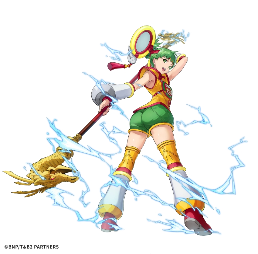 1girl arm_up artist_request ass copyright_notice dragon_kid electricity eyelashes full_body green_eyes green_hair green_shorts headband highres holding holding_staff huang_pao-lin official_art open_mouth phantom_of_the_kill red_headband red_shoes shirt shoes short_hair short_sleeves shorts simple_background smile solo staff standing superhero_costume teeth third-party_source tiger_&amp;_bunny upper_teeth_only white_background yellow_shirt