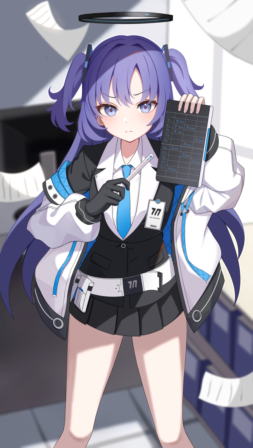 1girl absurdres blue_archive blue_eyes blush breasts halo highres jacket kenomotsu_yukuwa long_hair long_sleeves looking_at_viewer mechanical_halo necktie purple_eyes purple_hair shirt skirt solo two_side_up white_shirt yuuka_(blue_archive)