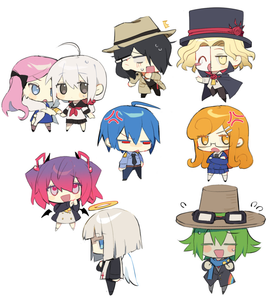 4girls 5boys ^^^ ahoge angel angel_wings anger_vein belt belt_buckle black-framed_eyewear black_belt black_bow black_cape black_coat black_footwear black_hair black_hat black_jacket black_necktie black_pants black_sailor_collar black_skirt black_sleeves black_wings blazer blonde_hair blue_dress blue_eyes blue_hair blue_jacket blue_pants blue_scarf blue_shirt blue_skirt blue_sleeves blunt_bangs blunt_ends blush_stickers bow bowler_hat bracelet brooch brown_belt brown_coat brown_hat brown_sleeves brown_thighhighs buckle buttons cape chibi closed_eyes coat collared_cape collared_shirt colored_eyelashes cross cross_print crossed_arms curly_hair danganronpa_(series) danganronpa_another danganronpa_another:_another_despair_academy dark-skinned_male dark_skin demon_wings detached_wings dress expressionless flower flower_brooch flying_sweatdrops fortissimo from_side full_body fur_scarf furrowed_brow glasses goggles goggles_on_headwear gold_bracelet gradient_hair green_hair grey_eyes grey_thighhighs hair_between_eyes hair_bow hair_ornament hair_over_one_eye hair_scrunchie hairclip half-closed_eyes half_mask halo hand_on_own_cheek hand_on_own_chest hand_on_own_face hat heart heart_in_eye high_collar highres hrdrifter jacket jewelry kabuya_yoruko kinjou_tsurugi long_hair long_sleeves looking_at_another looking_at_viewer low_ponytail mask mekaru_rei mini_wings miniskirt multicolored_hair multiple_boys multiple_girls musical_note musical_note_hair_ornament neckerchief necktie nervous nervous_smile no_pupils one_eye_covered open_clothes open_coat open_jacket open_mouth orange_eyes orange_hair orange_scrunchie otonokoji_kanade otori_teruya outstretched_arm own_hands_together panicking pants patch pen_behind_ear pink_eyes pink_hair pleated_skirt pocket police police_uniform ponytail priest purple_hair rainbow_print red_eyes red_flower red_neckerchief red_rose red_scrunchie rose sailor_collar sannoji_mikado scarf school_uniform scrunchie serafuku shirt shoes short_dress short_hair short_sleeves side_ponytail simple_background skirt smile sora_(super_danganronpa_another_2) sun_hat_ornament super_danganronpa_another_2 sweat symbol_in_eye tabard thighhighs top_hat trench_coat twintails two-sided_cape two-sided_fabric uehara_kinji v-shaped_eyebrows very_long_hair white_background white_dress white_hair white_mask white_scarf white_shirt white_sleeves white_tabard white_wings wings yellow_eyes yellow_halo yellow_neckerchief yellow_necktie yomiuri_nikei