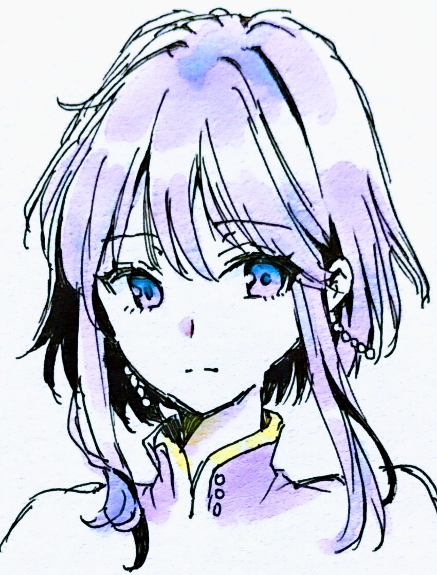 1girl azusa_(azchemist63) closed_mouth earrings fire_emblem fire_emblem:_genealogy_of_the_holy_war hair_between_eyes highres jewelry larcei_(fire_emblem) light_frown nintendo painting_(medium) portrait purple_hair purple_tunic short_hair sidelocks simple_background solo tomboy traditional_media tunic watercolor_(medium) white_background