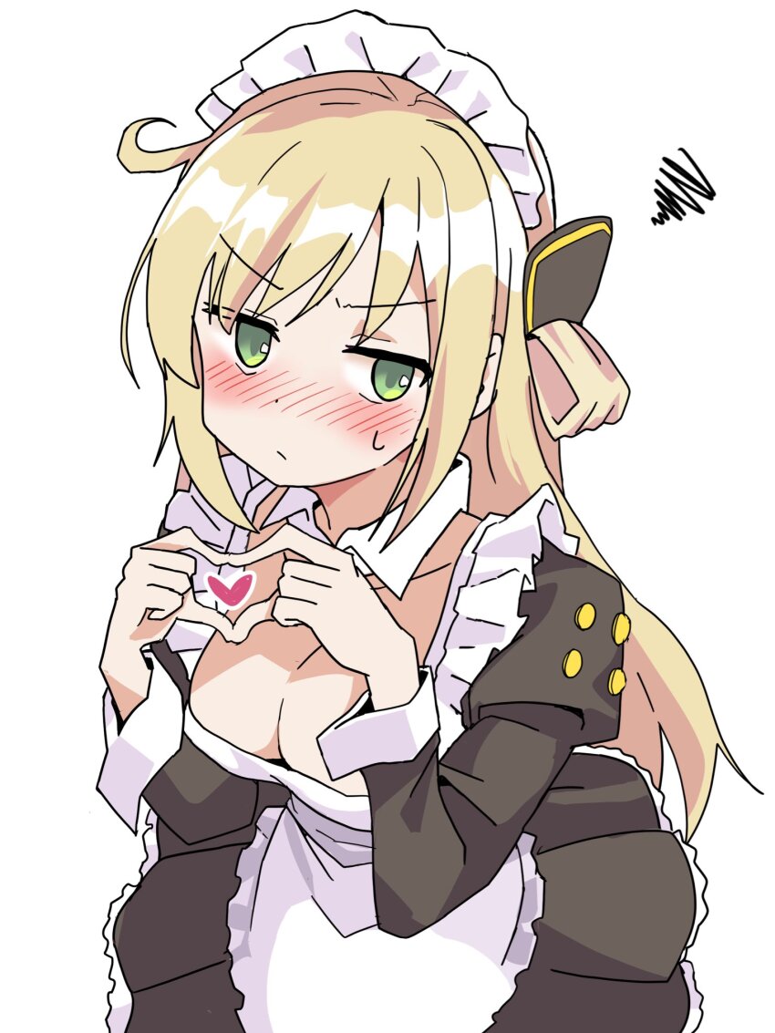 1girl ahoge alternate_costume apron black_dress blonde_hair blush breasts cleavage closed_mouth collarbone detached_collar dress enmaided frilled_apron frills green_eyes hair_ornament heart heart_hands highres long_hair maid maid_apron maid_headdress namou_(namorton09) puffy_sleeves sky_striker_ace_-_raye solo waist_apron white_apron yu-gi-oh! yu-gi-oh!_master_duel