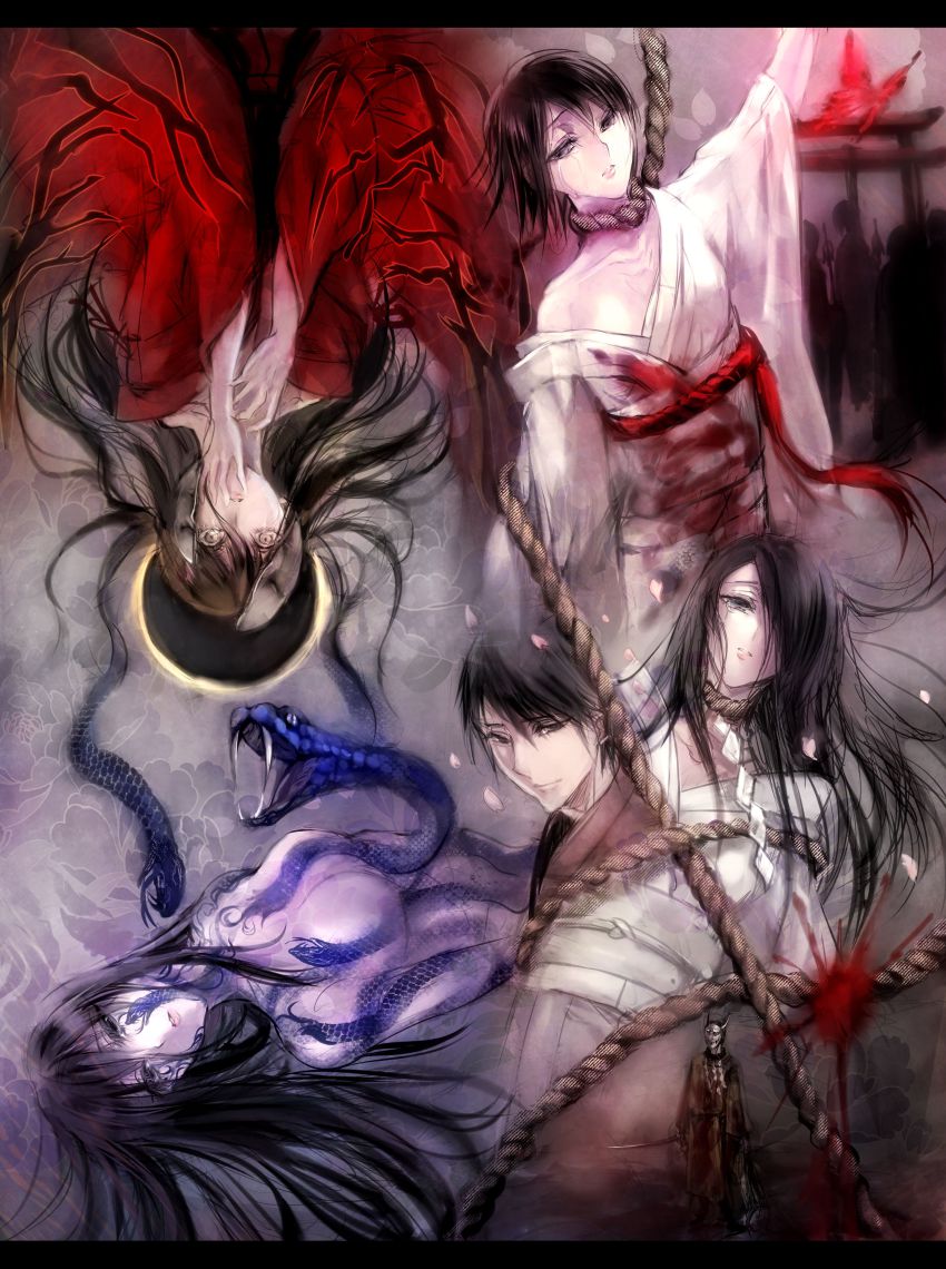4girls absurdres bad_id bad_pixiv_id black_hair blood breasts brown_eyes brown_hair bug butterfly eclipse fatal_frame fatal_frame_1 fatal_frame_ii:_crimson_butterfly fatal_frame_iii:_the_tormented fatal_frame:_mask_of_the_lunar_eclipse haibara_sakuya highres himuro_kirie bug japanese_clothes kimono koko_(oyasuminasai) kurosawa_sae large_breasts long_hair mask mole moon multiple_girls oni_mask rope shadow shimenawa short_hair snake snakw string string_of_fate tattoo tears torii yukishiro_reika