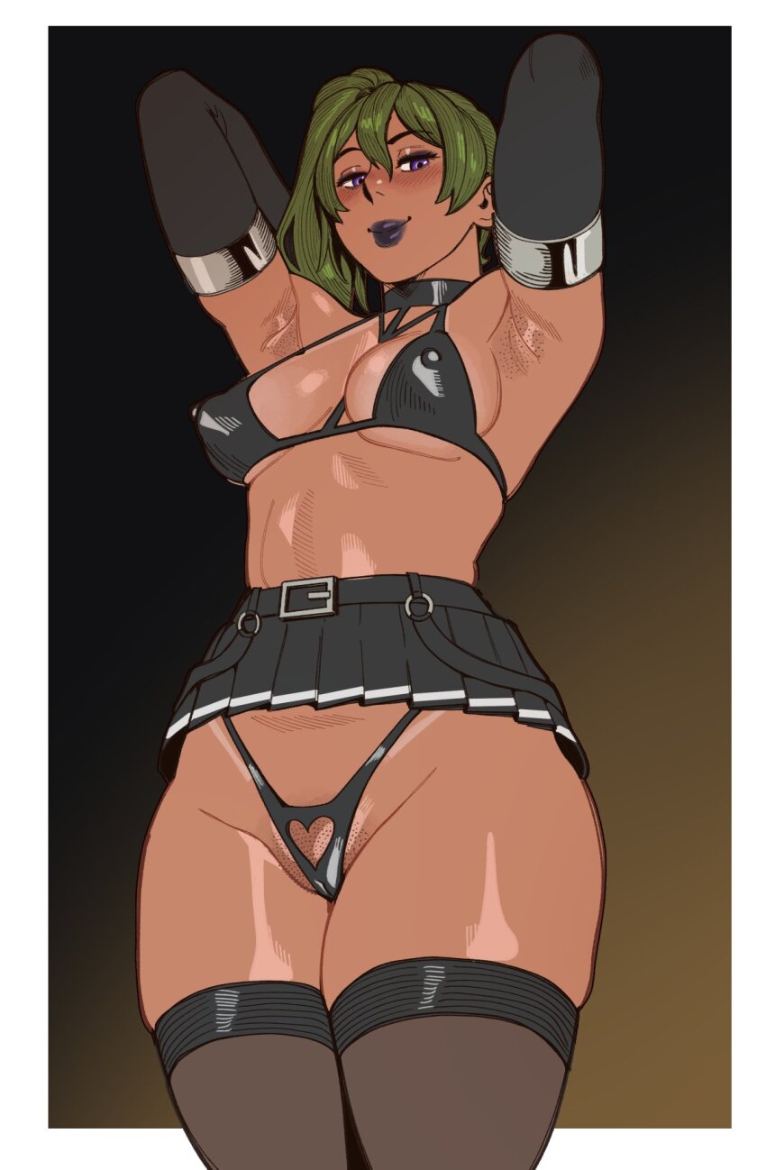 1girl armpits black_bra black_gloves black_lips black_panties black_skirt black_thighhighs bra breasts clothing_cutout covered_erect_nipples elbow_gloves gloves green_hair heart_cutout highres medium_breasts microskirt nastacic panties panty_cutout pleated_skirt purple_eyes see-through_clothes see-through_thighhighs skirt solo sousou_no_frieren thighhighs ubel_(sousou_no_frieren) underwear