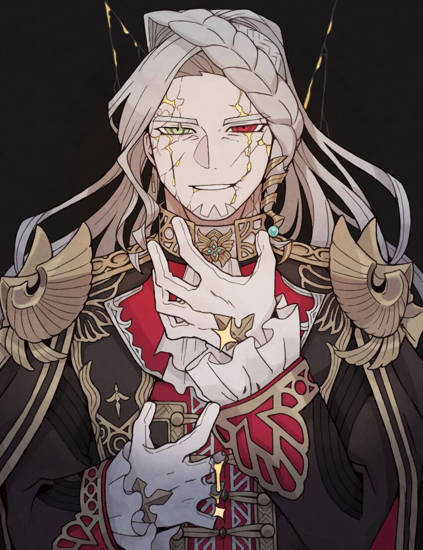 1boy alessandro_di_cagliostro_(fate) ascot beard black_background black_coat braid coat cracked_background cracked_skin facial_hair facial_mark fate/grand_order fate_(series) gloves goatee gold_trim green_eyes grey_hair heterochromia highres long_hair looking_at_viewer male_focus red_eyes seikoo_caffeine shoulder_boards simple_background smile solo white_ascot