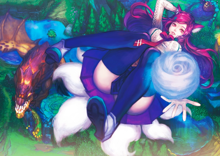 1girl academy_ahri ahri_(league_of_legends) alternate_costume alternate_eye_color alternate_hair_color alternate_hairstyle animal_ears arm_behind_head bad_id bad_pixiv_id bibico blue_skirt breasts dragon energy_ball falling female_focus fox_ears fox_tail from_above gromp hair_ornament hairpin large_breasts league_of_legends lips long_hair looking_at_viewer miniskirt multiple_tails necktie outstretched_hand parted_lips pleated_skirt red_eyes red_hair shirt shoes skirt slit_pupils smile solo sweater tail thighhighs thighs white_shirt