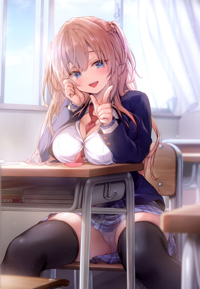 1girl :d absurdres between_breasts black_jacket black_thighhighs blue_eyes blue_skirt breasts brown_hair bursting_breasts cameltoe chair classroom collared_shirt crotch curtains desk hair_between_eyes highres index_finger_raised jacket kino_(kino_konomi) large_breasts looking_at_viewer necktie necktie_between_breasts non-web_source on_chair open_mouth original panties plaid_clothes plaid_skirt pleated_skirt pointing red_necktie school_chair school_desk school_uniform shirt sitting skirt smile solo spread_legs teeth thighhighs thighs underwear upper_teeth_only white_panties white_shirt window