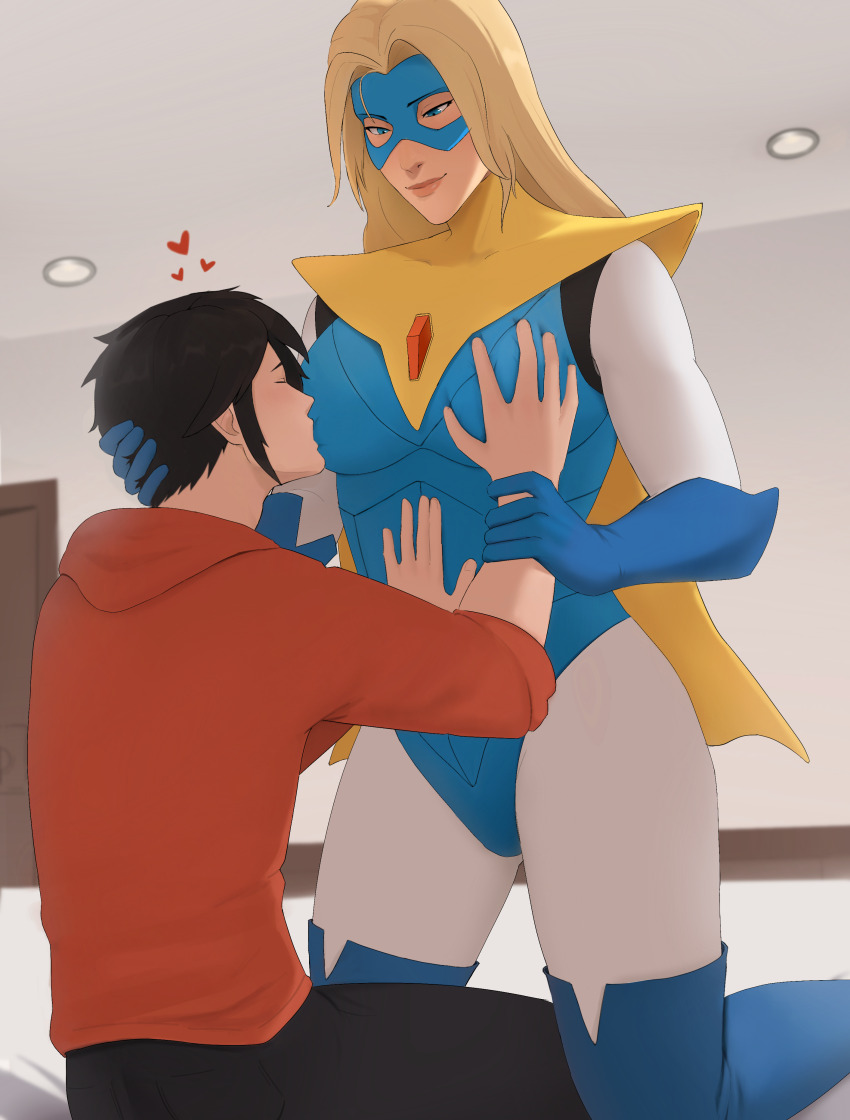 1boy 1girl absurdres bed bedroom blonde_blazer blonde_hair blue_bodysuit blue_boots blue_eyes blue_gloves blue_mask bodysuit boots breast_sucking breasts cape chun-li_fan commission commissioner_upload dispatch gloves grabbing_another&#039;s_breast groping groping_breast guided_breast_grab guiding_hand hand_on_another&#039;s_stomach highres kneeling large_breasts lipstick makeup mask short_cape smile spandex sucking_boobs thighhighs thighs yellow_cape