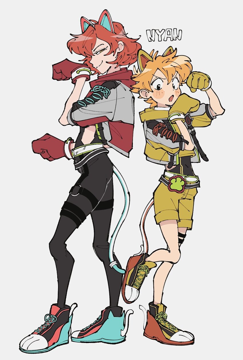 2boys animal_ears belt black_belt black_eyes black_pants blush_stickers br&#039;er_fox_(disney) brown_eyes cropped_jacket fake_animal_ears fake_tail full_body gloves grey_background grey_jacket highres honest_john_(disney) humanization jacket multiple_boys nyan open_mouth orange_hair pants pinocchio_(disney_movie) red_gloves red_hair red_jacket shoes short_hair shorts smile sneakers song_of_the_south strap tail uochandayo white_belt yellow_gloves yellow_jacket yellow_shorts