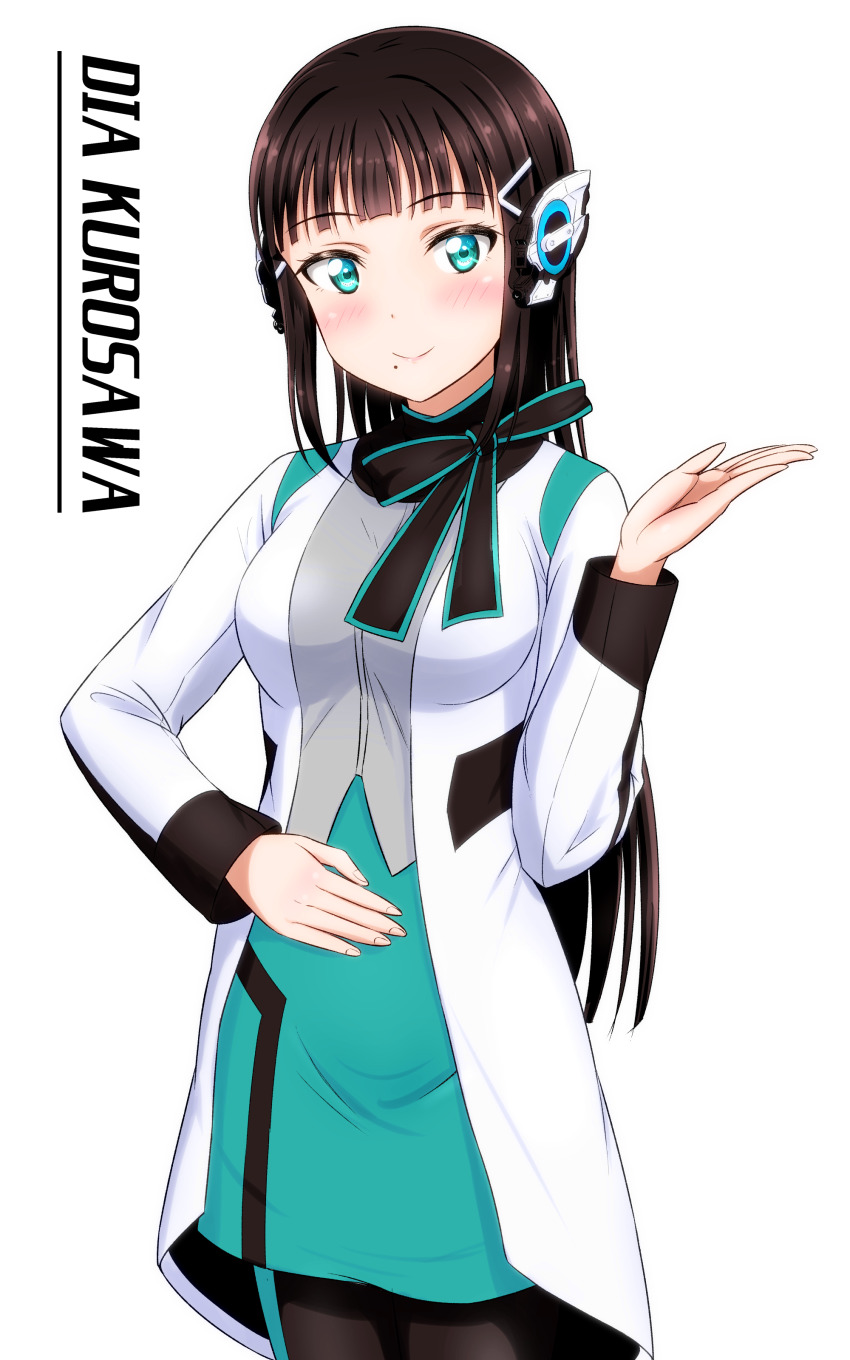 1girl absurdres black_hair blush breasts character_name ckst commentary_request cosplay english_text green_eyes hair_ornament highres humagear_headphones is_(kamen_rider_01) is_(kamen_rider_01)_(cosplay) kamen_rider kamen_rider_01_(series) kurosawa_dia long_hair looking_at_viewer love_live! love_live!_sunshine!! mole mole_under_mouth small_breasts smile solo upper_body white_background