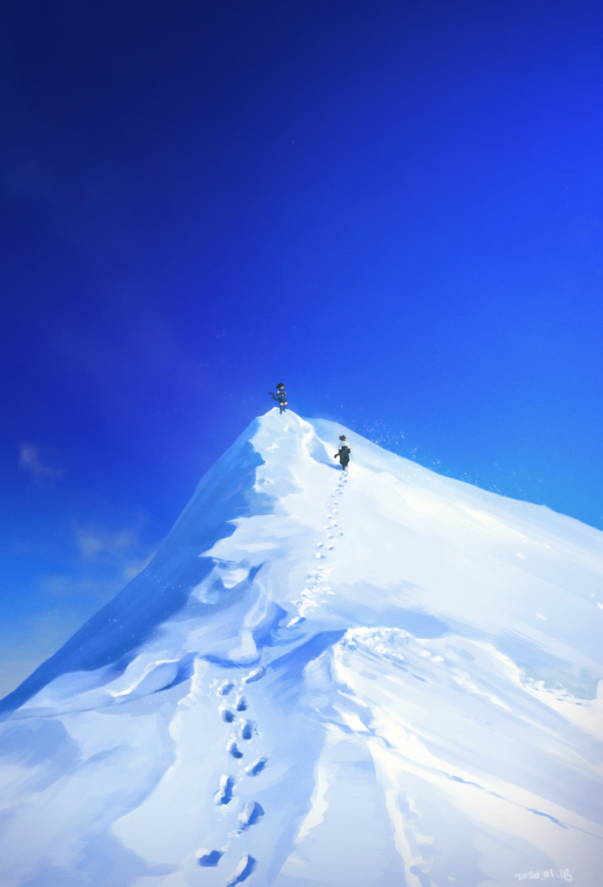 2boys armor black_pants blue_armor blue_sky commentary_request couple dragon_ball dragon_ball_legends dragon_ball_xenoverse highres hyong311 jacket korean_commentary male_focus mirai_senshi monkey_boy monkey_tail mountain multiple_boys oc_x_canon pants reta_(hyong311) saiyan shallot_(dragon_ball) shoe_print sky snow tail white_jacket yaoi