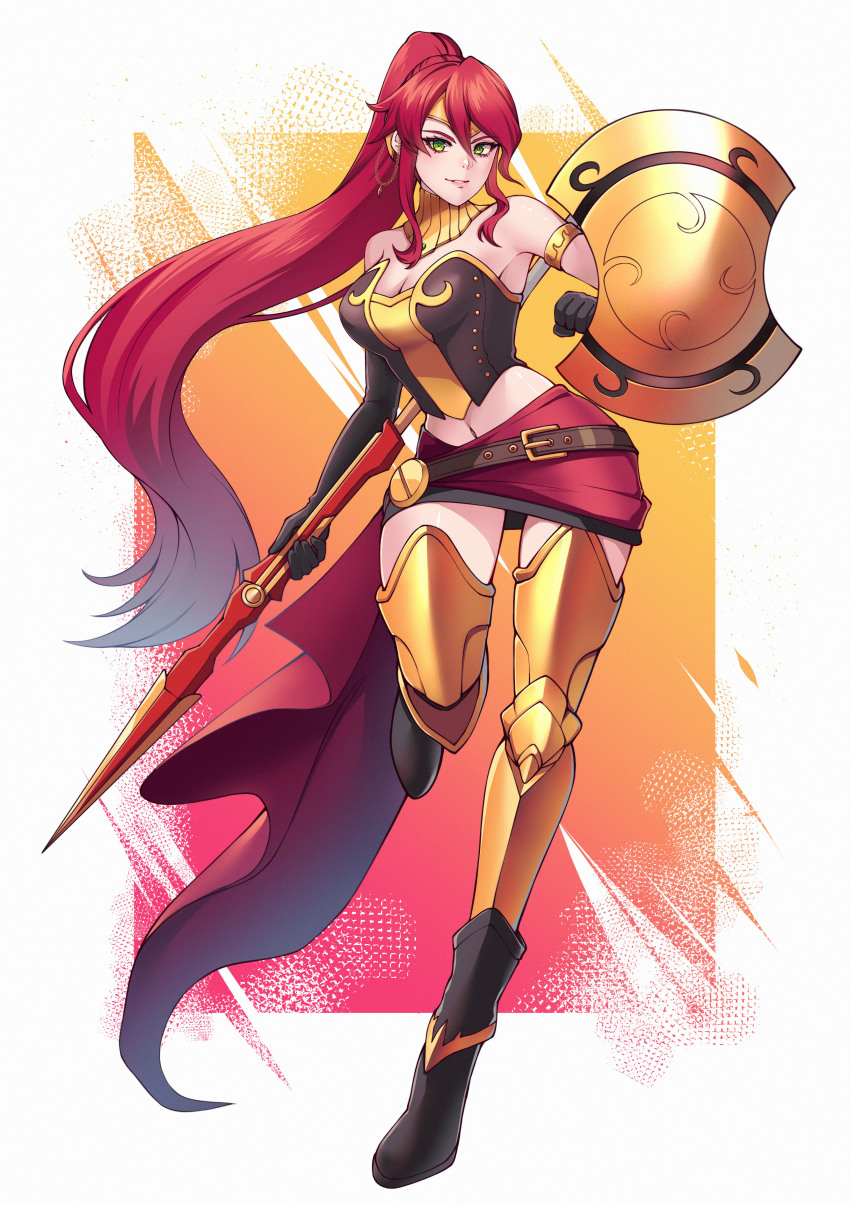 absurdres armor belt blueriest breasts cleavage commission commissioner_upload corset earrings gold_tiara green_eyes highres holding holding_polearm holding_shield holding_weapon jewelry leg_armor miniskirt navel polearm pyrrha_nikos red_hair red_sash red_skirt rwby sash shield skirt solo spear thigh_gap tiara weapon wide_hips