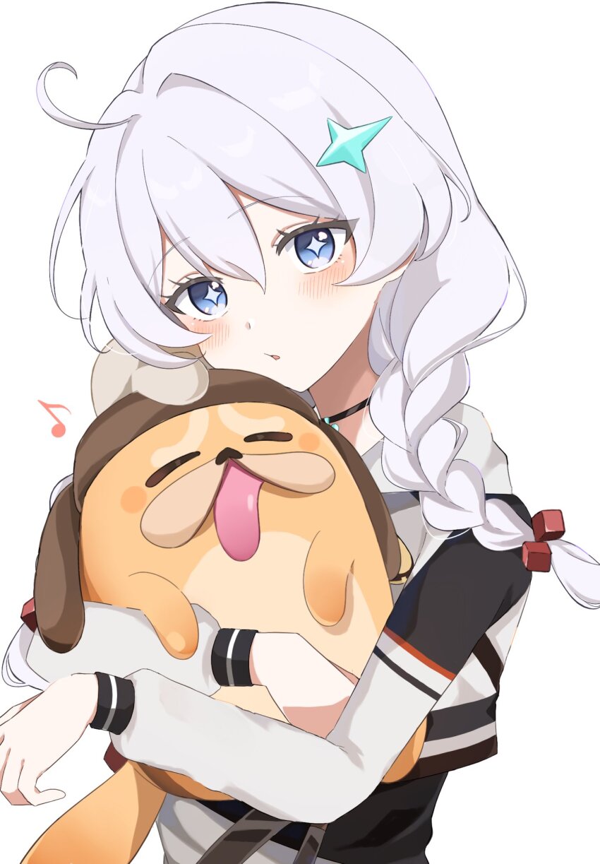 1girl :o ahoge black_choker black_jacket black_shirt blush braid choker hair_between_eyes hair_ornament hairclip highres honkai:_nexus_anima honkai_(series) hug jacket kiana_kaslana long_hair long_sleeves looking_at_viewer shirt simple_background solo star-shaped_pupils star_(symbol) symbol-shaped_pupils twin_braids white_background white_hair white_sleeves yudemame1027