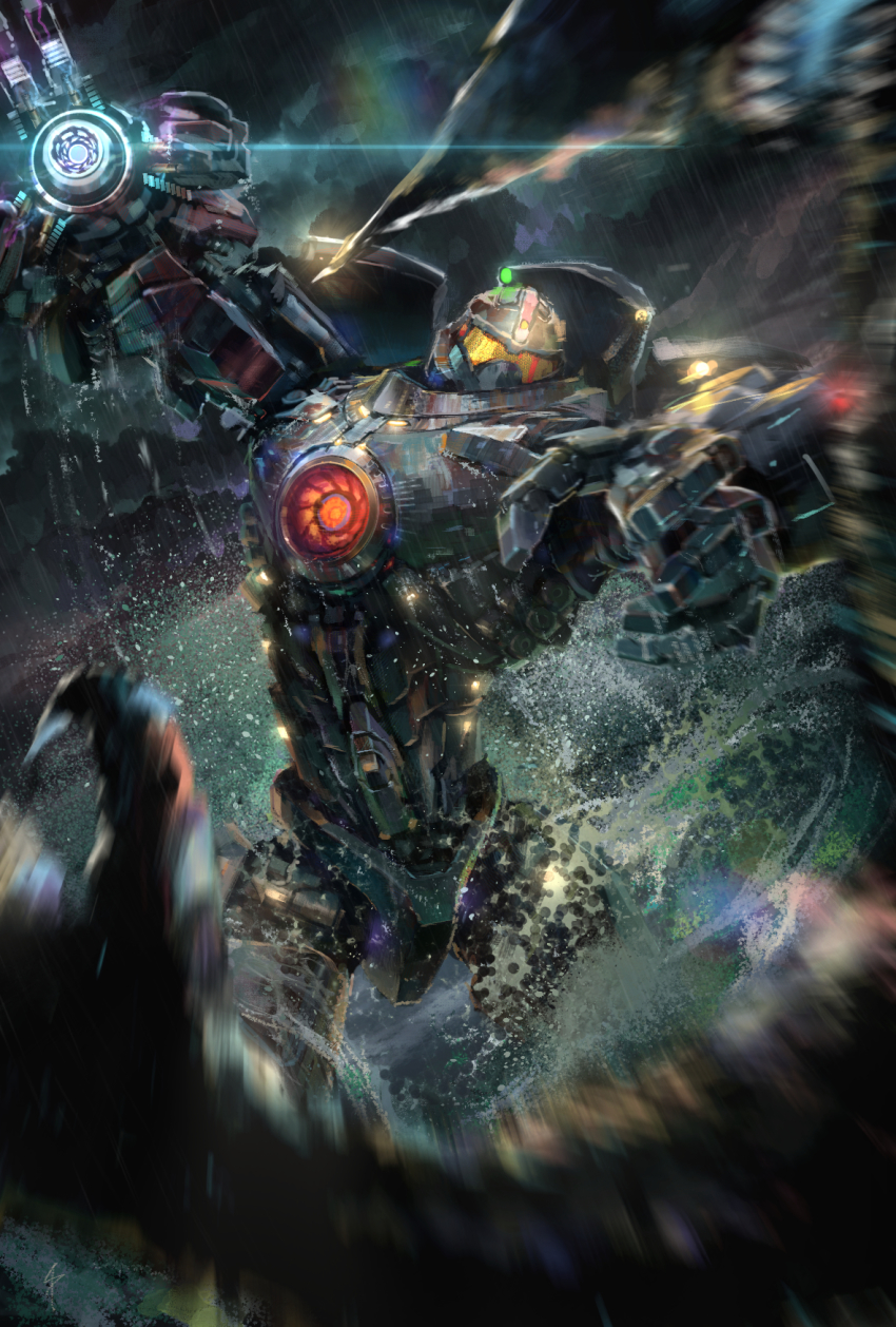 arm_cannon bioluminescence blood blue_blood cannon chest_cannon colored_blood directed-energy_weapon energy energy_cannon energy_weapon gas1 gipsy_danger glowing glowing_blood glowing_mouth glowing_weapon highres i-19_plasmacaster jaeger_(pacific_rim) joints kaiju knifehead legendary_pictures mecha night nuclear_vortex_turbine ocean pacific_rim pan_pacific_defense_corps plasma_cannon rain robot robot_joints sharp_teeth splashing teeth water weapon