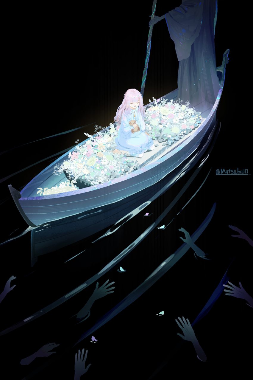 1girl 1other artist_name barefoot blue_nightgown boat canoe closed_mouth commentary_request flower highres holding holding_stuffed_toy long_hair long_sleeves matsuba10 nightgown on_boat original petals pink_hair reflection reflective_water ripples rowboat rowing sanzu_river sitting stuffed_animal stuffed_toy teddy_bear wariza water watercraft wide_shot