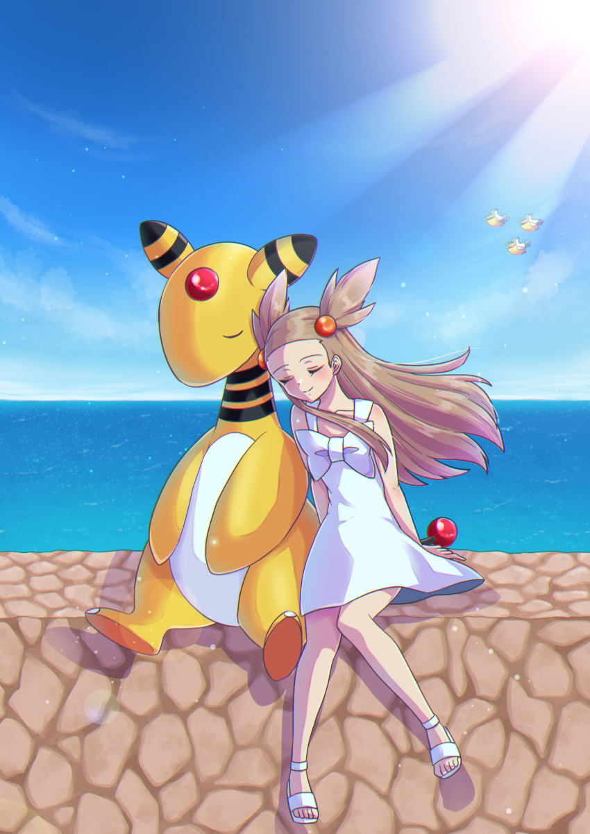 1girl absurdres ampharos brown_hair closed_eyes closed_mouth day dress forehead_jewel gen_2_pokemon gen_3_pokemon hair_ornament highres jasmine_(pokemon) koume_paint long_hair nintendo ocean outdoors pelipper pokemon pokemon_(creature) pokemon_gsc sandals shadow sitting smile sunset water white_dress