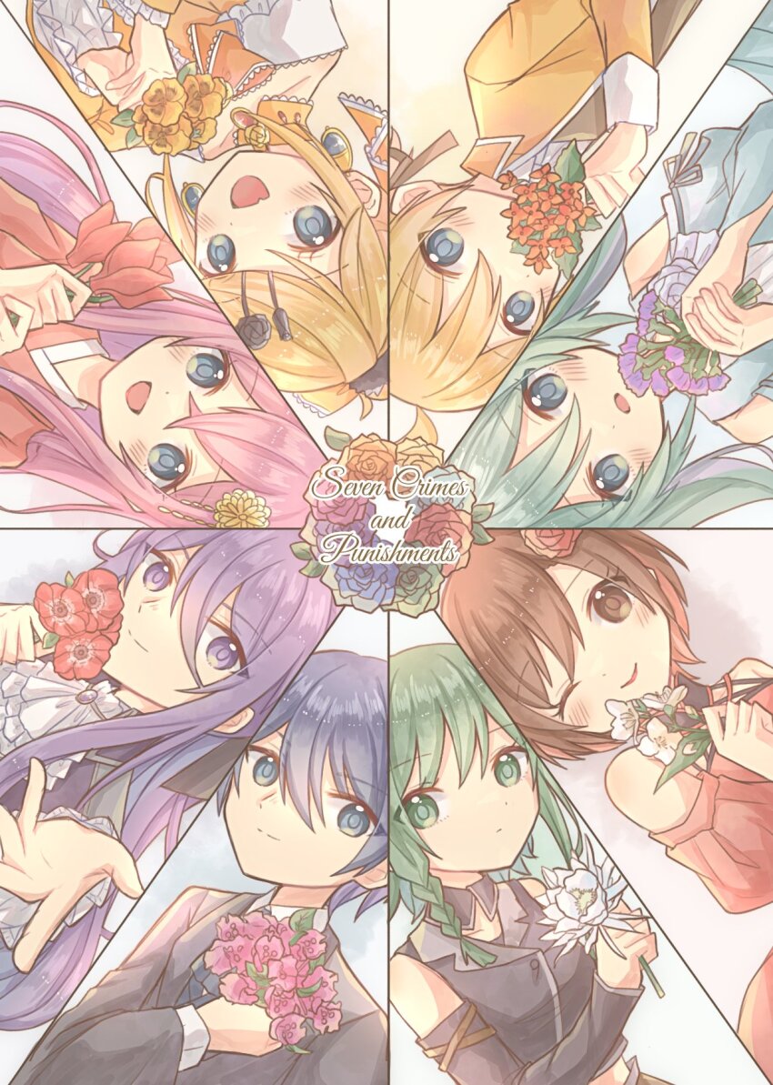 3boys 5girls ahoge aku_no_meshitsukai_(vocaloid) aku_no_musume_(vocaloid) akujiki_musume_conchita_(vocaloid) akutoku_no_judgement_(vocaloid) aqua_dress aqua_eyes aqua_hair aquamarinu ascot bare_shoulders black_choker black_robe blonde_hair blue_eyes blue_gemstone blue_hair bouquet bow braid braided_bangs brooch brown_eyes brown_hair choker circle_formation clothing_cutout collared_jacket collared_shirt covering_own_mouth detached_collar detached_sleeves dress earrings enbizaka_no_shitateya_(vocaloid) evillious_nendaiki fang flower frilled_dress frilled_sleeves frills gem green_eyes green_hair grey_jacket grey_sleeves hair_between_eyes hair_bow hair_flower hair_ornament highres holding holding_bouquet holding_flower jacket japanese_clothes jewelry judge kanzashi kimono light_blush long_hair looking_at_viewer midriff multiple_boys multiple_girls nanatsu_no_tsumi_to_batsu_(vocaloid) nemesis_no_juukou_(vocaloid) nemurase_hime_kara_no_okurimono_(vocaloid) off-shoulder_dress off_shoulder one_eye_closed open_mouth own_hands_clasped own_hands_together pansy pink_hair ponytail purple_eyes purple_hair purple_jacket red_dress red_flower red_gemstone red_kimono red_lips red_pansy red_rose robe rose shirt short_hair shoulder_cutout side_braid sideways_glance skin_fang sleeveless sleeveless_jacket smile song_name songover swept_bangs twintails updo upside-down venomania_kou_no_kyouki_(vocaloid) very_long_hair vocaloid wavy_hair white_ascot white_lily wide_sleeves yellow_bow yellow_choker yellow_dress yellow_flower yellow_jacket
