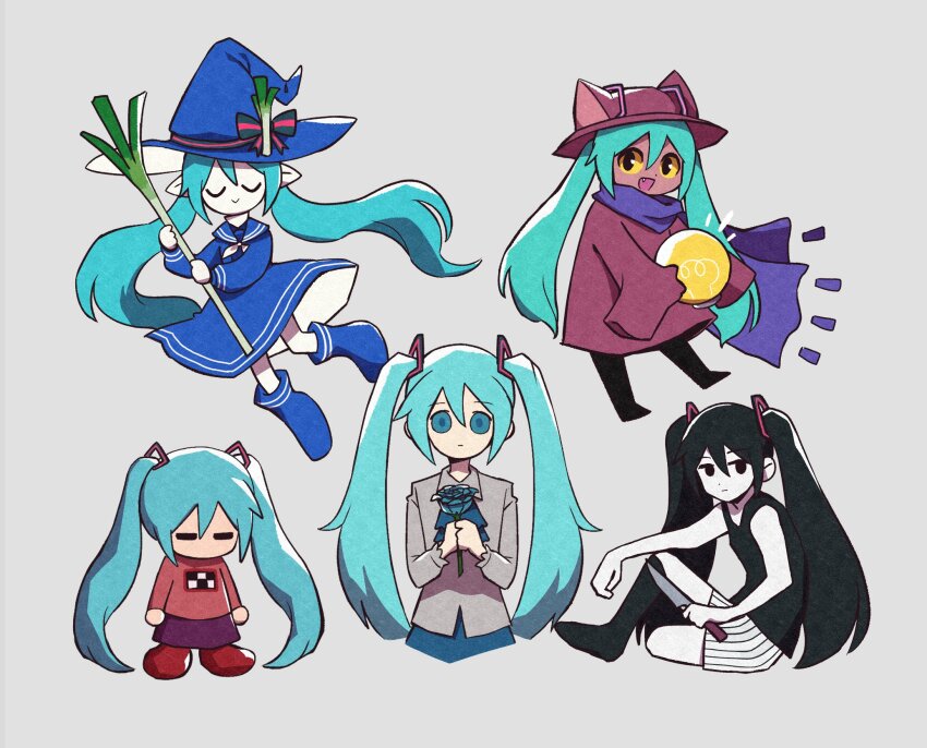 1girl animal_ear_headwear animal_ears aqua_eyes aqua_hair aqua_skirt black_eyes black_footwear black_shirt black_socks blue_dress blue_flower blue_footwear blue_headwear bow cat_ears chibi closed_eyes closed_mouth colored_sclera colored_skin commentary cosplay dark_skin dress english_commentary fake_animal_ears fang flower food funamusea grey_background grey_jacket hair_between_eyes hat hat_bow hatsune_miku highres holding holding_flower holding_food holding_spring_onion holding_vegetable ib_(ib) ib_(ib)_(cosplay) ib_(kouri) jacket ka42541785 long_hair looking_at_viewer madotsuki madotsuki_(cosplay) mob_face neckerchief niko_(oneshot) niko_(oneshot)_(cosplay) omori omori_(omori) omori_(omori)_(cosplay) oneshot_(game) oounabara_to_wadanohara open_mouth pale_skin pink_sweater pointy_ears print_sweater purple_scarf purple_skirt red_dress red_footwear red_headwear scarf shirt shorts simple_background skirt socks spring_onion sweater twintails variations vegetable vocaloid wadanohara wadanohara_(cosplay) white_neckerchief white_shorts white_skin witch_hat yellow_sclera yume_nikki