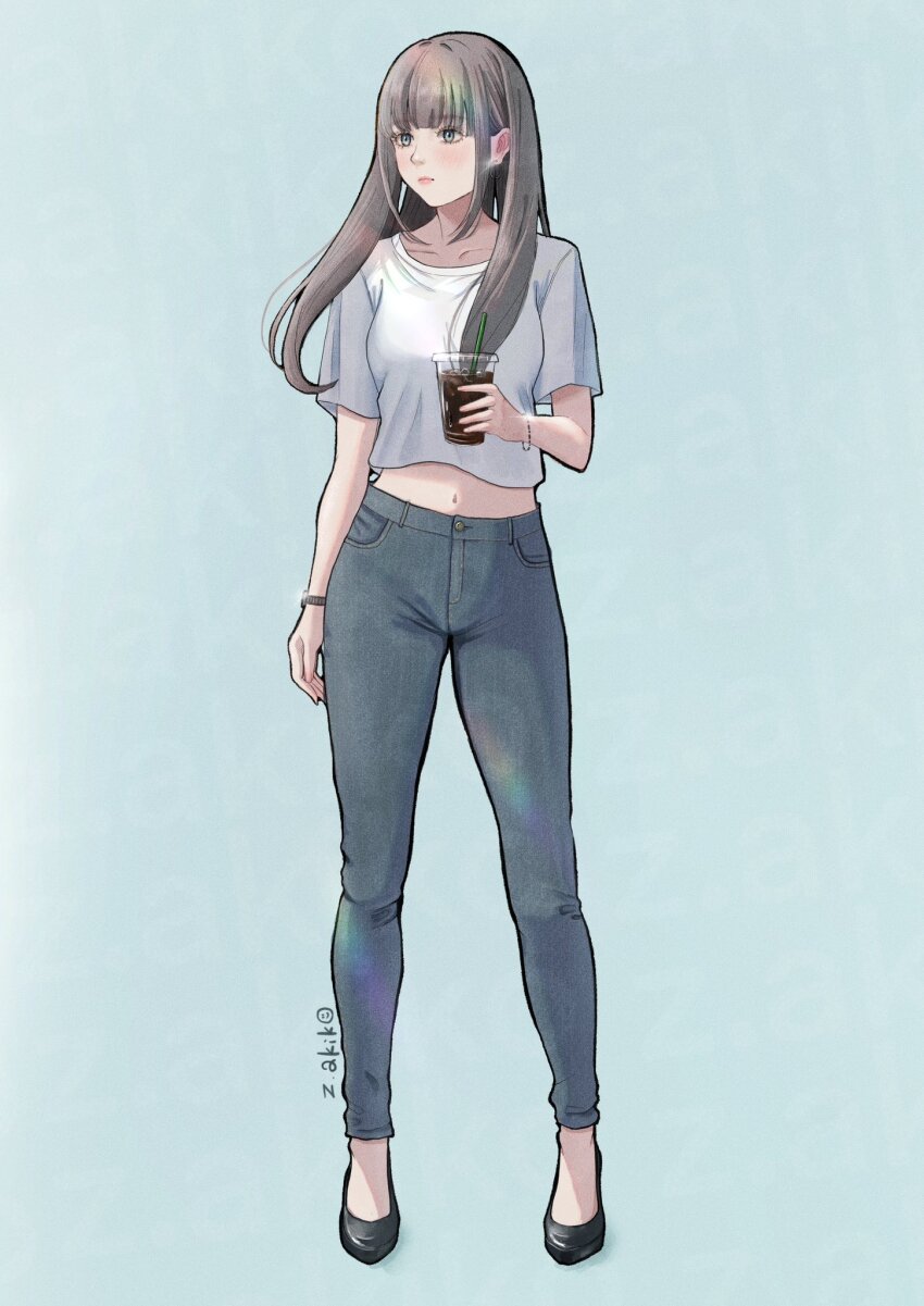 1girl arm_at_side artist_name bracelet brown_hair closed_mouth collarbone crop_top cropped_shirt cup denim disposable_cup earrings expressionless film_grain full_body glint grey_background grey_pants hair_over_shoulder hashtag-only_commentary highres holding holding_cup hoop_earrings jeans jewelry long_hair looking_to_the_side midriff navel original pants shirt short_sleeves simple_background solo standing straight-on t-shirt white_shirt zakikoillust