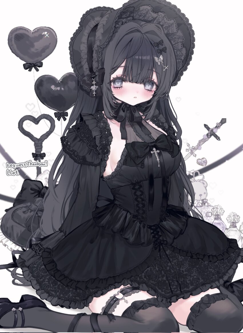 1girl balloon black_bow black_dress black_hair black_hat black_ribbon black_shoes black_thighhighs blush bottle bow breasts butterfly_hair_ornament chain commentary commission cross cross_hair_ornament cross_ornament double-parted_bangs dress frilled_dress frills grey_eyes hair_bow hair_ornament hat heart heart_balloon highres long_hair long_sleeves looking_at_viewer mary_janes neck_ribbon original parted_lips perfume_bottle ribbon shishamosama shoes sideboob sitting skeb_commission solo stuffed_animal stuffed_toy sword teddy_bear thigh_strap thighhighs very_long_hair wariza weapon white_background