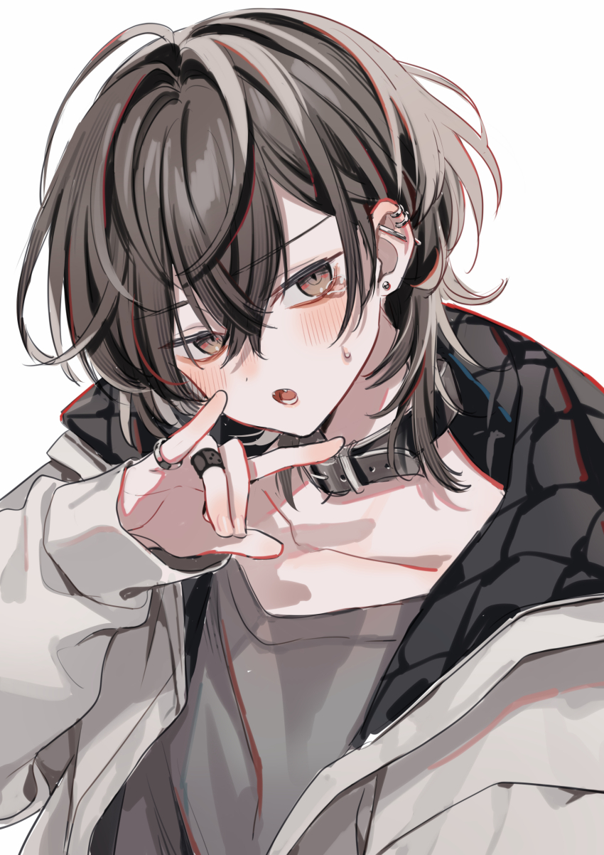 1boy :o absurdres black_choker black_hair blush brown_eyes choker collarbone commentary ear_piercing fangs grey_shirt hair_between_eyes hand_up highres jacket long_sleeves looking_at_viewer male_focus open_clothes open_jacket open_mouth original piercing shirt short_hair simple_background solo suzaku_(zaku6584) sweatdrop upper_body white_background white_jacket