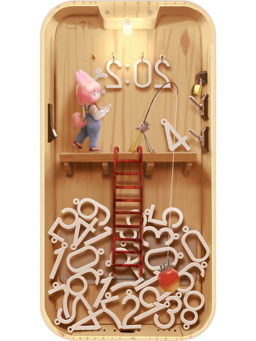 1girl animal_ears apple blue_eyes blue_overalls brown_shoes cat_ears cat_girl cat_tail ceiling_light cellphone choco_(nekoita) commentary fishing_rod food fruit highres holding ladder lever light_switch lock mini_person minigirl nekoita original overalls padlock parted_lips phone pink_hair shirt shoes short_hair smartphone solid_oval_eyes solo standing standing_on_one_leg tail timestamp white_shirt