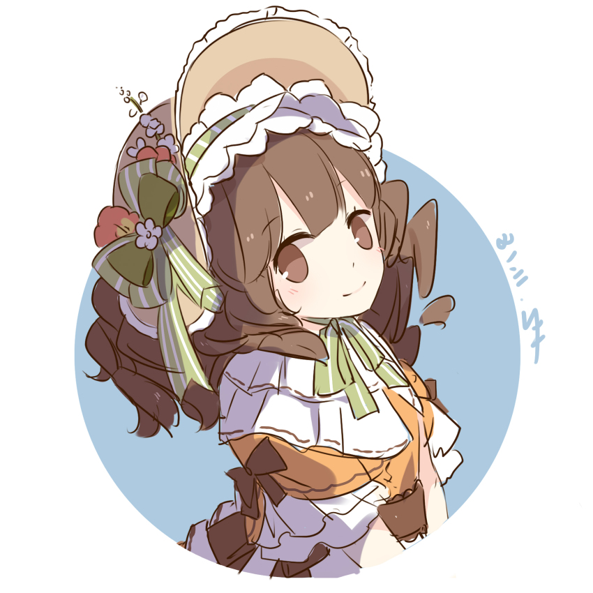 1girl apron blunt_bangs bonnet bow bowtie brown_bonnet brown_bow brown_corset brown_eyes cherry_blossoms chinese_commentary closed_mouth collared_dress commentary_request corset cropped_torso dated dot_nose dress flat_color flower frilled_dress frilled_hairband frilled_headwear frilled_sleeves frills green_bow green_bowtie green_hairband hairband happy hat hat_bow hat_flower highres kexi_shi_ge_hentai light_blush miracle_nikki nikki_(series) orange_dress puffy_short_sleeves puffy_sleeves red_flower short_sleeves signature single_stripe sleeve_bow smile solo striped_bow striped_bowtie striped_clothes striped_hairband waist_apron waist_bow white_apron white_background white_flower