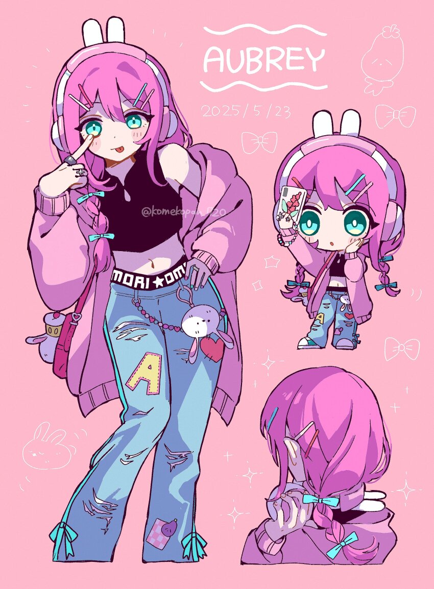 1girl 2025 :o :p absurdres akanbe animal_charm animal_ear_headphones animal_ears aqua_bow aqua_eyes aqua_nails aubrey_(birthday)_(omori) aubrey_(faraway)_(omori) aubrey_(omori) belt black_belt black_shirt blue_pants bow braid bright_pupils character_name chibi chibi_inset closed_mouth clothes_writing commentary copyright_name crop_top cropped_legs cropped_shirt cupcake_bunny_(omori) dated denim double-parted_bangs english_commentary eyelid_pull fake_animal_ears forest_bunny?_(omori) hair_between_eyes hair_bow hair_over_shoulder hand_on_own_cheek hand_on_own_face hand_on_own_hip headphones highres holding holding_phone index_finger_raised jacket jeans jewelry knees_together_feet_apart komekopan_720 long_hair long_sleeves looking_at_phone looking_at_viewer midriff mr._plantegg_(omori) multicolored_nails multiple_views nail_polish navel official_alternate_costume official_alternate_hairstyle omori pants phone pink_background pink_hair pink_jacket pink_nails puffy_long_sleeves puffy_sleeves purple_nails rabbit_ear_headphones ring shirt simple_background single_bare_shoulder sleeveless sleeveless_shirt smile star_(symbol) tongue tongue_out torn_clothes torn_pants twin_braids twitter_username white_nails white_pupils