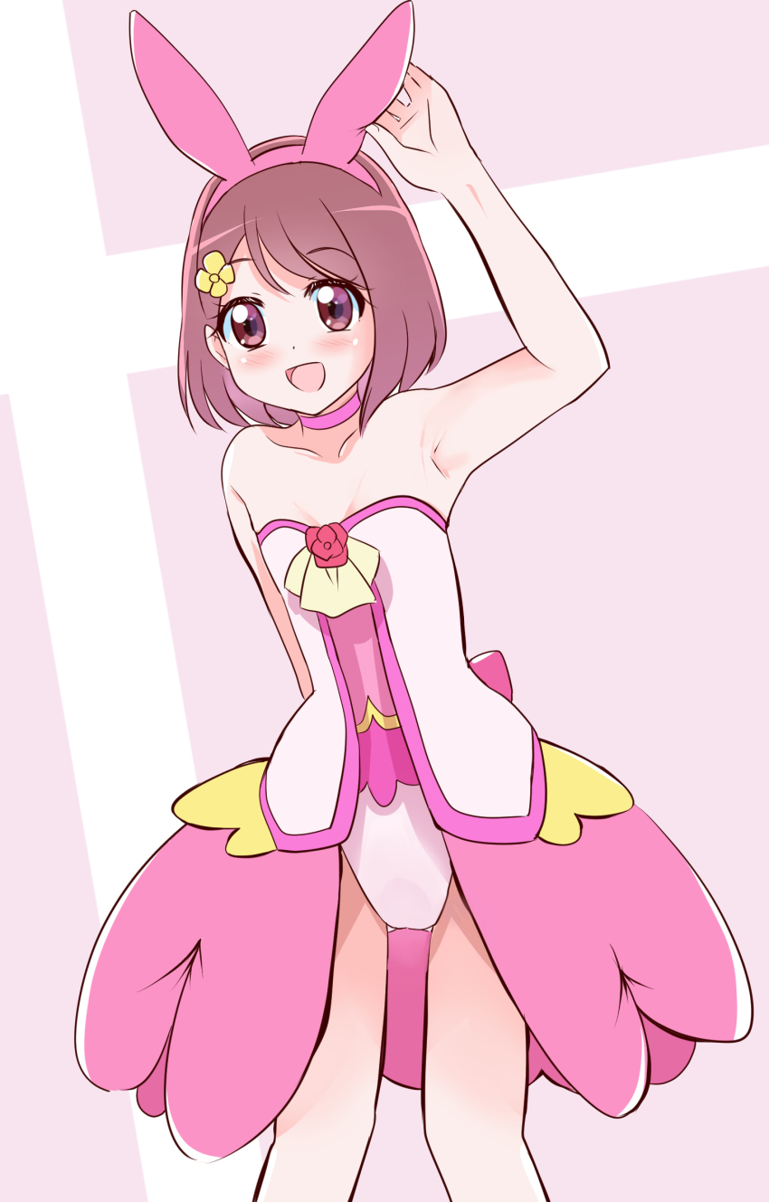 1girl absurdres animal_ears arm_up armpits back_bow blush bow breasts brown_eyes brown_hair choker cleavage cosplay cure_grace cure_grace_(cosplay) fake_animal_ears flower hair_flower hair_ornament hanadera_nodoka healin&#039;_good_precure highres leotard magical_girl mitumi_mira open_mouth pink_bow pink_choker pink_leotard precure short_hair small_breasts smile solo