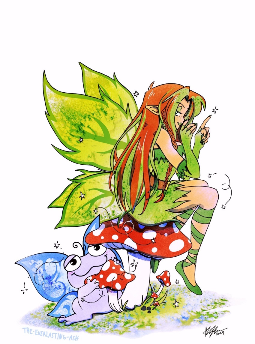 1girl braid brown_hair commentary dress english_commentary everlasting_ash eyeshadow faerie_neopet fairy fairy_wings fly_agaric gloves green_dress green_eyeshadow green_footwear green_gloves green_hair highres illusen long_hair makeup multicolored_hair mushroom neopet_(creature) neopets pointy_ears quiggle simple_background sitting solo_focus streaked_hair traditional_media very_long_hair white_background wings