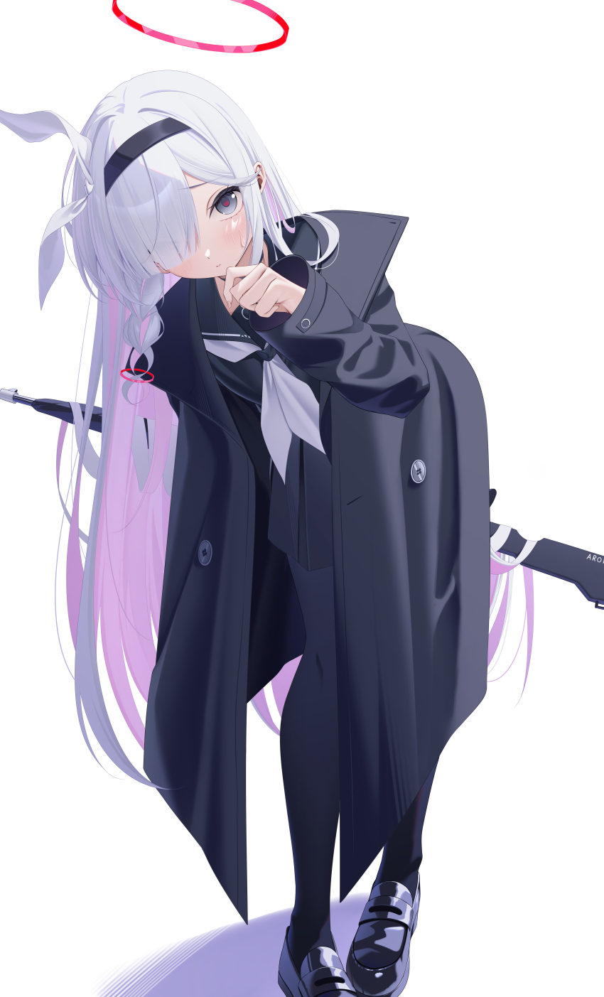 1girl absurdres black_choker black_coat black_eyes black_hairband black_sailor_collar black_serafuku blue_archive blush braid choker coat colored_inner_hair commentary ekidona english_commentary hair_over_one_eye hairband halo heart heart_halo highres long_sleeves looking_at_viewer multicolored_hair neckerchief pink_hair pink_halo plana_(blue_archive) red_halo red_pupils sailor_collar school_uniform serafuku simple_background single_braid skirt solo umbrella_gun white_background white_choker white_hair white_neckerchief