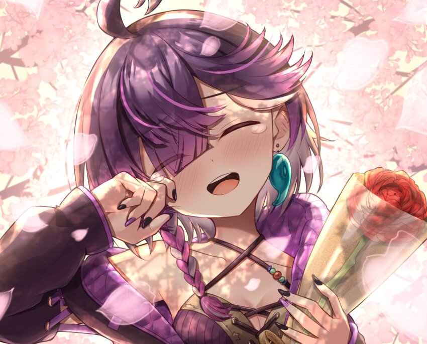 1girl :d black_jacket black_nails blush breasts cleavage closed_eyes commentary_request earrings flower head_tilt highres holding jacket jewelry open_mouth petals purple_hair purple_nails red_flower single_earring smile solo suzugame_lost tears teeth tongue tsukiyoi_avi upper_teeth_only varium