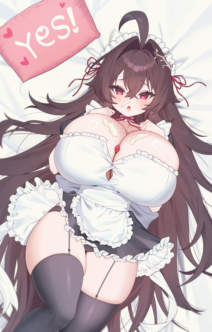 1girl absurdres ahoge apron bed_sheet between_breasts black_panties black_skirt black_thighhighs breasts brown_hair cleavage cream cream_on_face food food_on_face frilled_skirt frills fruit garter_straps hair_between_eyes hair_intakes hair_ribbon heart highres huge_breasts long_hair lying maid maid_headdress miniskirt on_back on_bed open_mouth original panties red_eyes red_ribbon ribbon seoki_(hi3031) skirt solo strawberry suggestive_fluid thighhighs underwear very_long_hair waist_apron white_apron yes-no_pillow