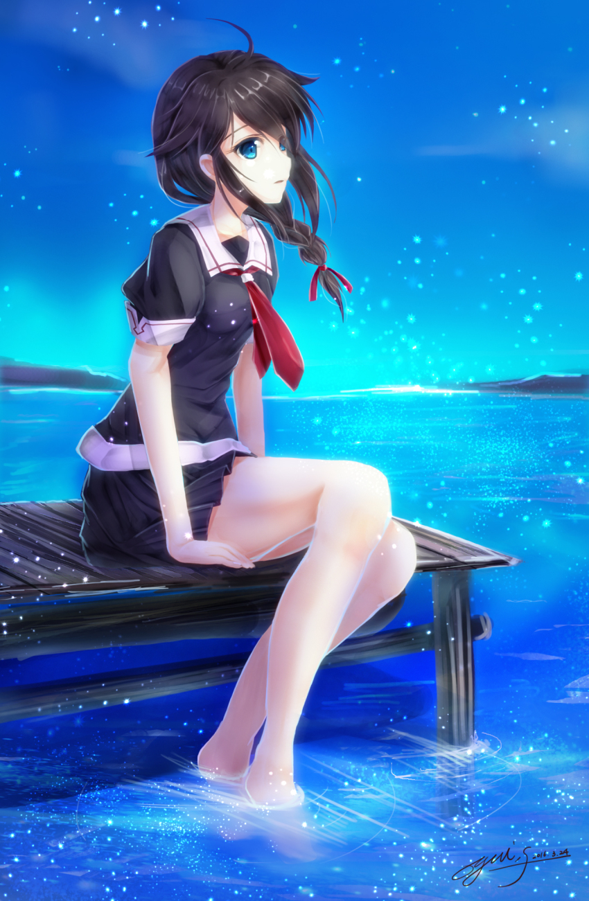 10s 1girl 2016 ahoge barefoot black_hair black_skirt blue_eyes blue_sky braid dock female_focus highres kantai_collection looking_away necktie night night_sky open_mouth red_necktie shigure_(kancolle) signature single_braid sitting skirt sky soaking_feet solo water yuitsuki1206