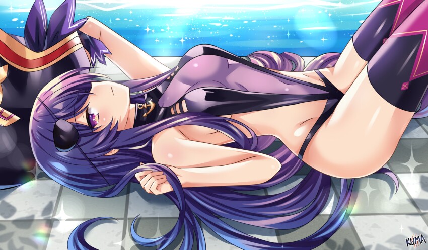 1girl adapted_costume alternate_costume anchor_symbol arm_up artist_logo bare_shoulders bikini_day breasts closed_mouth covered_navel cowboy_shot date_a_live day eyepatch from_side groin hair_spread_out hand_on_headwear hand_up hat hat_ribbon highres impossible_clothes impossible_swimsuit layered_swimsuit legs_together legs_up lewdkuma logo long_hair looking_at_viewer looking_to_the_side lying medium_breasts on_back outdoors pirate_hat purple_eyes purple_hair ribbon sideboob sidelocks slingshot_swimsuit solo swimsuit thighhighs thighs tile_floor tiles unworn_eyepatch very_long_hair water yatogami_tohka yatogami_tohka_(true_form)