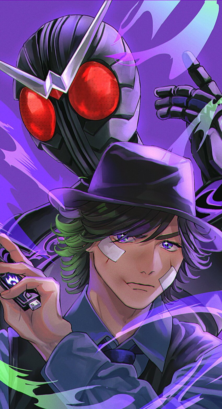 1boy armor armored_gloves aura bandaid black_armor black_hat black_vest blue_necktie blue_shirt chest_armor collared_shirt compound_eyes forehead_jewel gaia_memory gem gloves hat henshin henshin_pose hidari_shoutarou highres holding horns injury jewelry kamen_rider kamen_rider_joker kamen_rider_w long_sleeves looking_at_viewer necktie purple_background purple_eyes red_eyes sasakura34 shirt simple_background swept_bangs vest