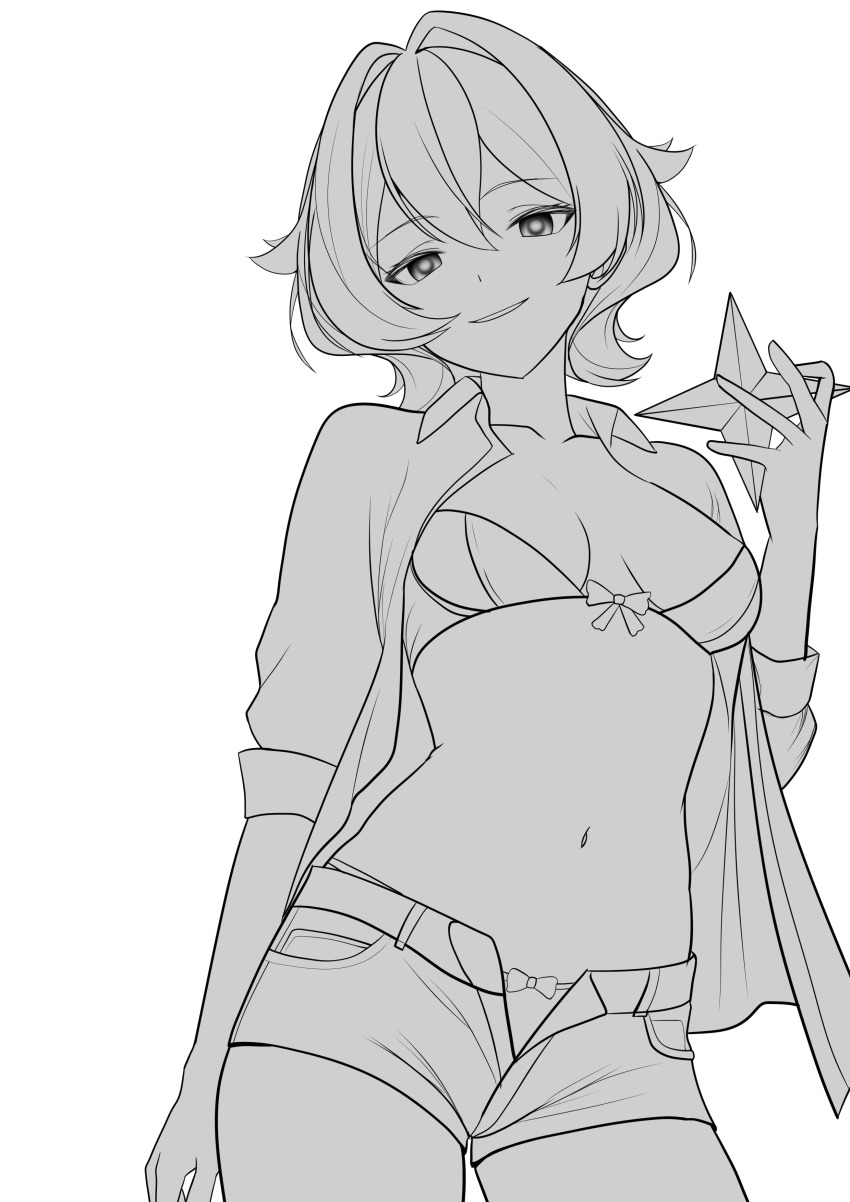 1girl absurdres bow bow_bra bow_panties bra breasts hair_between_eyes hair_intakes highres hiiragi_utena holding holding_star looking_at_viewer mahou_shoujo_ni_akogarete medium_breasts monochrome navel open_clothes open_fly open_mouth open_shirt open_shorts panties shirt short_hair short_shorts shorts simple_background smile solo star_(symbol) stomach unbuttoned underwear unfinished upper_body white_background xueli_shimazaki