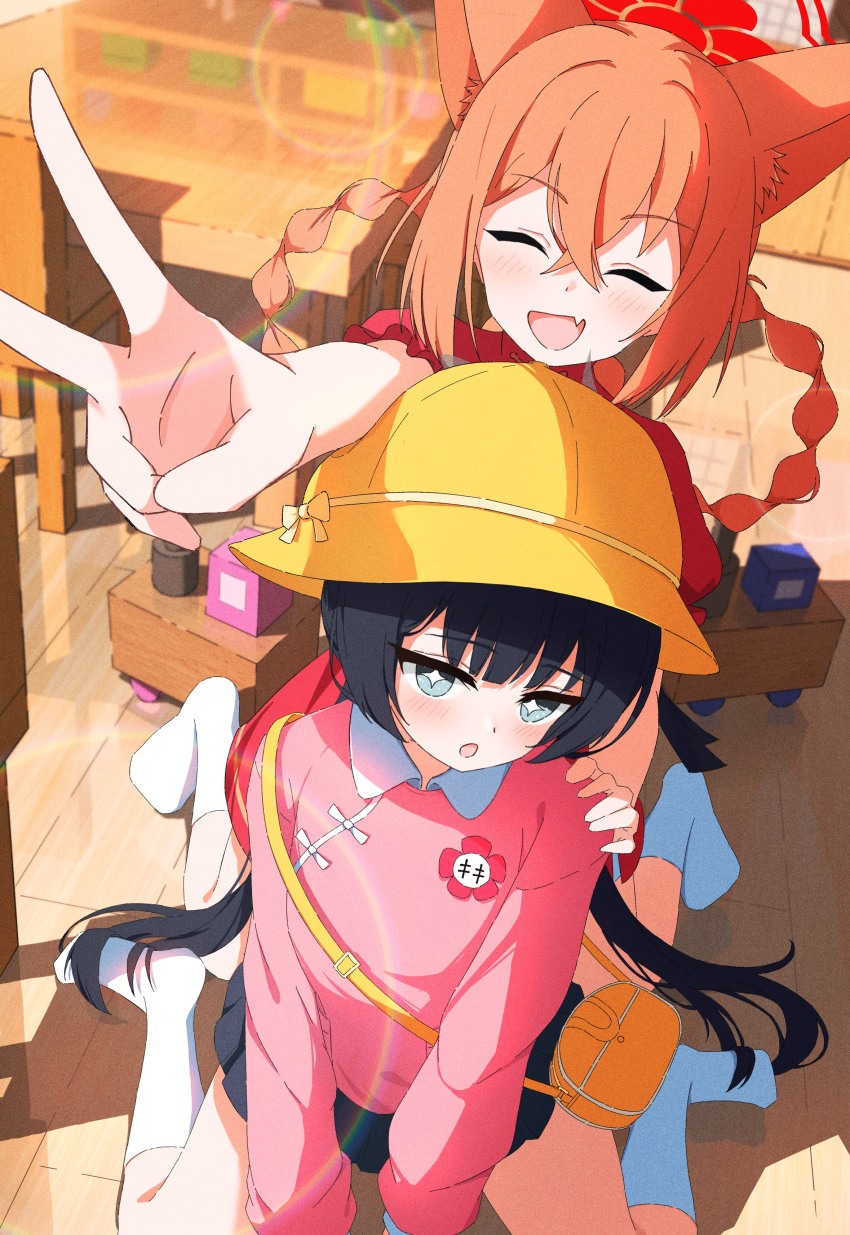 +_+ 2girls :d :o ^_^ absurdres aged_down animal_ear_fluff animal_ears aqua_eyes black_skirt blue_archive blunt_bangs blush braid braided_hair_rings china_dress chinese_clothes closed_eyes commentary crossed_bangs dress excited extra_ears fang foreshortening fox_ears fox_girl hair_between_eyes hair_rings halo happy highres indoors kindergarten_uniform kisaki_(blue_archive) kisaki_(kindergarten_uniform)_(blue_archive) knees_out_of_frame lens_flare long_hair looking_at_viewer low_twintails miniskirt moru_(moru20000) multiple_girls no_shoes official_alternate_costume official_alternate_hairstyle open_mouth outstretched_arm pink_shirt pleated_skirt red_dress red_halo rumi_(blue_archive) rumi_(small)_(blue_archive) shirt sitting skin_fang skirt smile socks table twintails v wariza white_socks