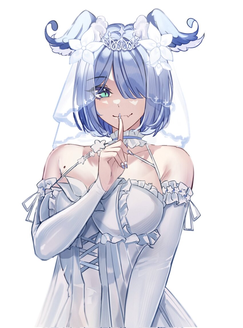 1girl aqua_eyes armpit_crease bare_shoulders blue_nails breasts bridal_veil detached_sleeves dress elira_pendora fang finger_to_mouth flower hair_flower hair_ornament hair_over_one_eye head_wings highres ive_(iveith) large_breasts looking_at_viewer medium_hair mole mole_on_armpit nail_art nijisanji nijisanji_en simple_background skin_fang smile solo sparkle tiara veil virtual_youtuber wedding_dress white_background wings