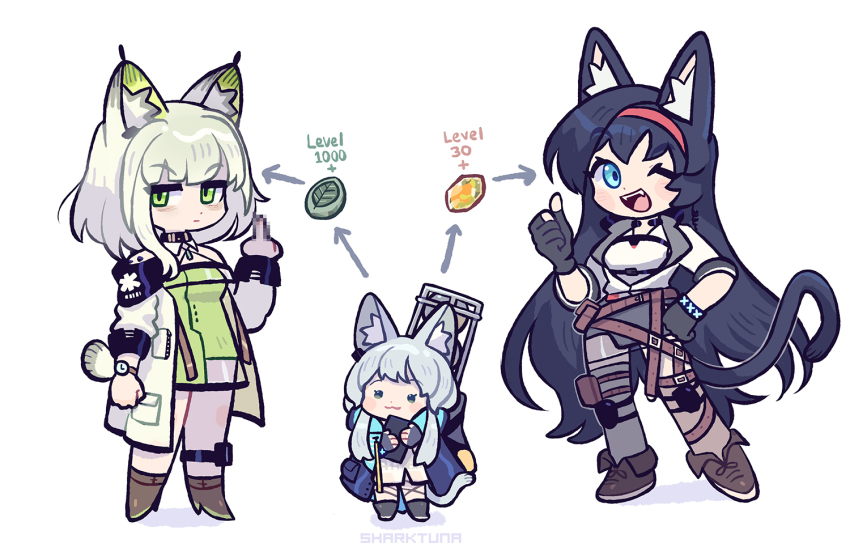 3girls :3 ;d animal_ears anklet arknights asymmetrical_legwear backpack bag black_cape black_footwear black_gloves black_hair black_skirt black_thighhighs blaze_(arknights) blue_eyes blush boots bracelet brown_footwear brown_thighhighs cape cat_ears cat_girl cat_tail censored censored_gesture chibi commentary criss-cross_halter dress earpiece english_commentary evolution_stone evolutionary_stone fangs fingerless_gloves fire_stone full_body gloves green_dress green_eyes green_hair grey_hair hairband halterneck hand_on_own_hip hand_up holding infection_monitor_(arknights) jacket jewelry kal&#039;tsit_(arknights) leaf_stone long_hair looking_at_viewer middle_finger mismatched_legwear multiple_girls off-shoulder_dress off-shoulder_jacket off_shoulder one_eye_closed open_mouth red_hairband rosmontis_(arknights) sharktuna shirt shoes short_hair skirt three-quarter_sleeves smile standing tail thighhighs thumbs_up v-shaped_eyebrows very_long_hair watch white_dress white_jacket white_shirt wristwatch