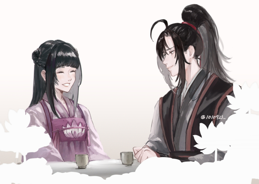 1010923 1boy 1girl ^_^ ahoge black_hair black_hanfu blunt_bangs braid braided_bun chinese_clothes closed_eyes closed_mouth cup double_bun dress flower grey_eyes grin hair_bun hair_ribbon hanfu high_ponytail highres jiang_yanli long_hair long_sleeves looking_at_another lotus modao_zushi ponytail purple_dress purple_hanfu qixiong_ruqun red_ribbon ribbon robe sidelocks simple_background smile table teacup tunic twitter_username upper_body wei_wuxian white_background